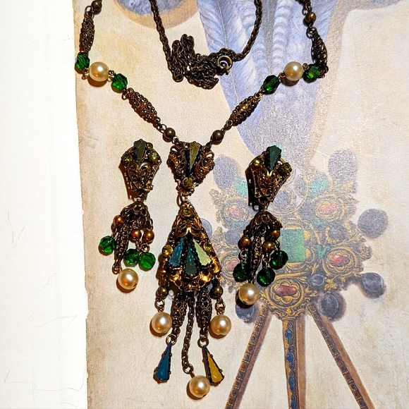 RARE Renaissance Revival W.Germany 1950s Filigree Demi Parure - Picture 3 of 8